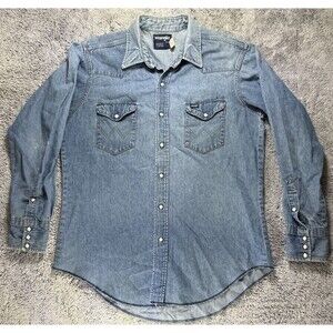 Vtg 70s 80s Wrangler Pearl Snap Denim Shirt USA Made 16.5-34 M/L Cowboy Grunge